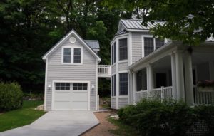 A garage addition with a second-floor living space.